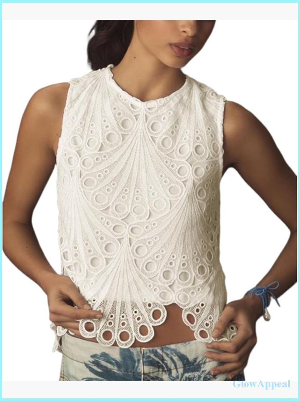Women's Cropped Lace Floral Embroidery Tank Top Sleeveless Sheer Blouse